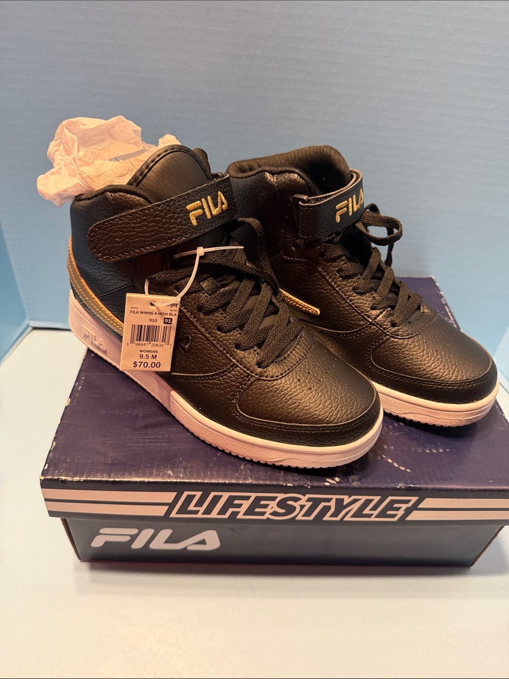 Fila Women’s Black High-Top Sneakers with Gold Accents NIB